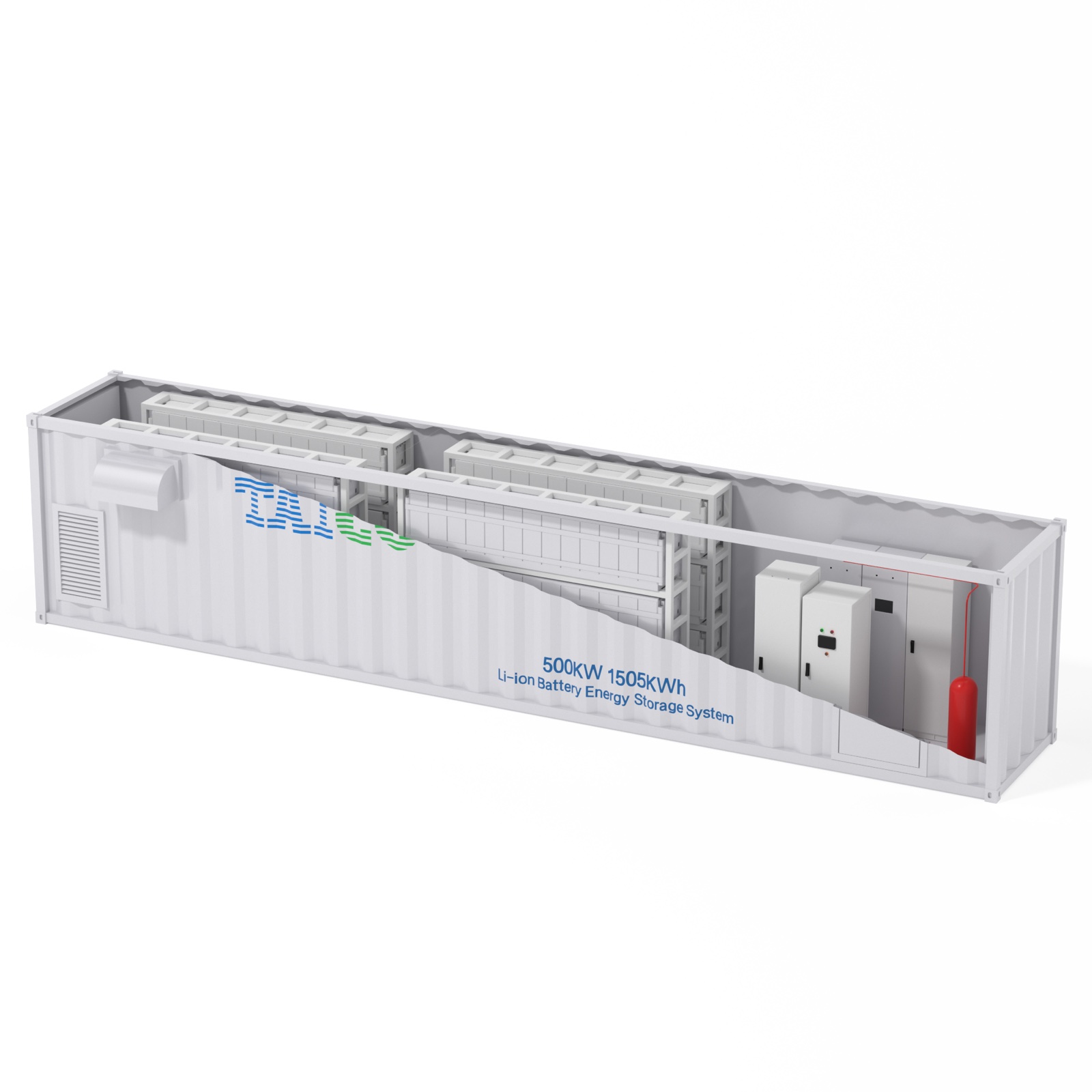 TAICO TKS E-Cube A1500 containerized ESS cutaway showing internal equipment