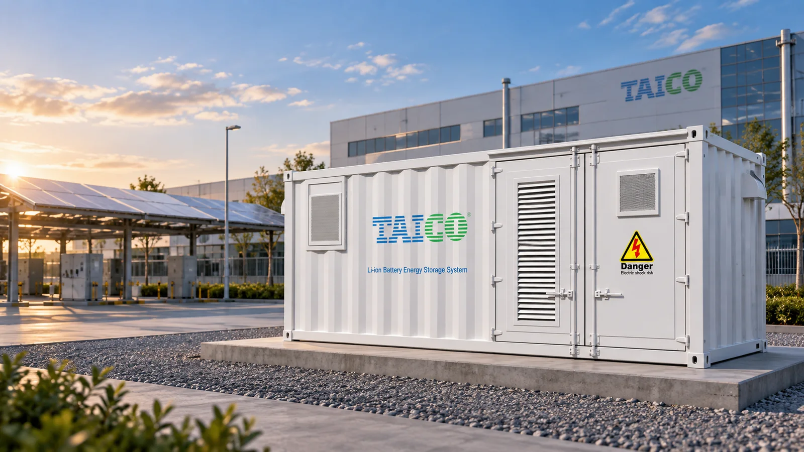 TKS E-Cube A1500 containerized ESS beside an industrial solar facility