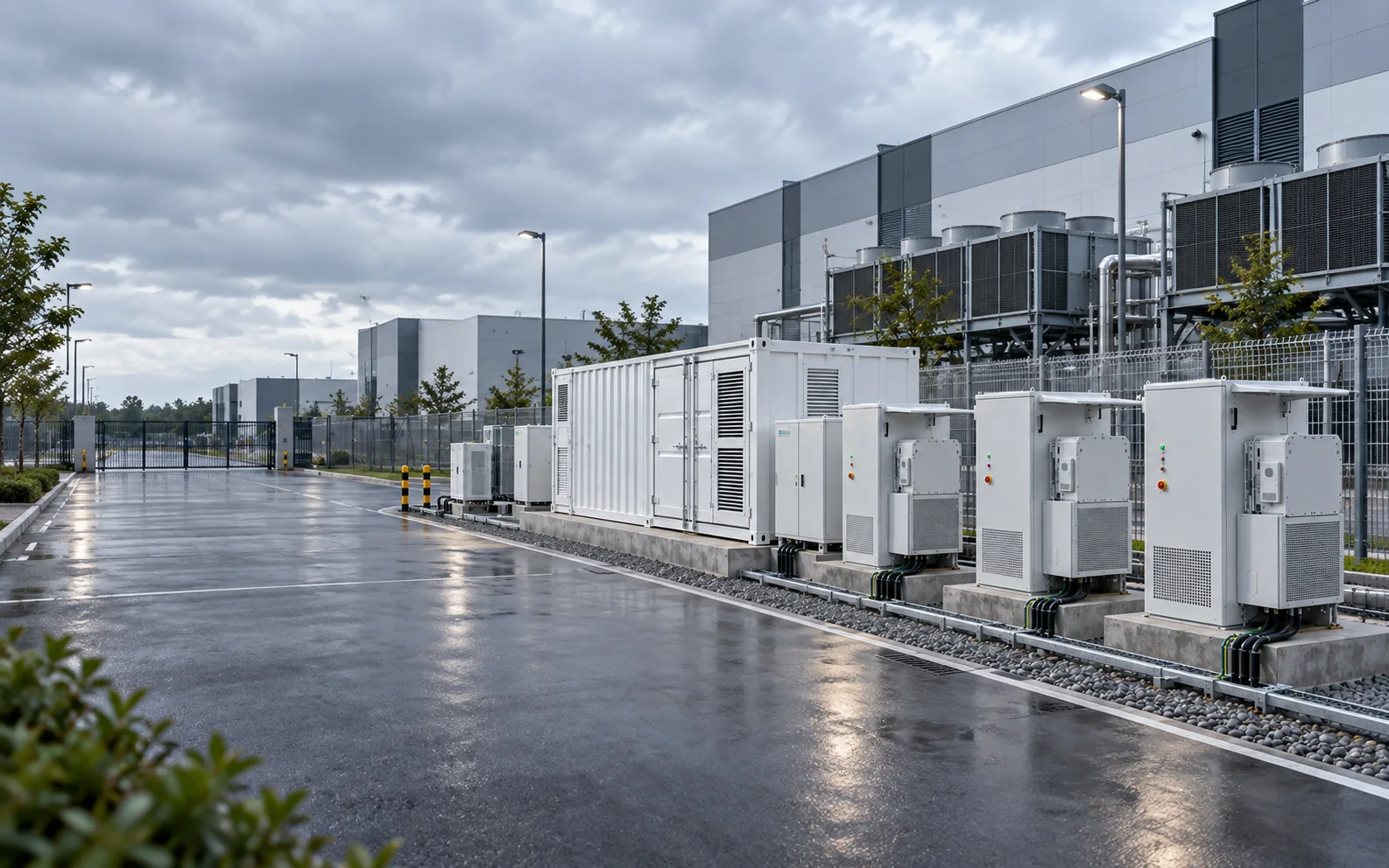 Outdoor battery energy storage system at a modern data center campus