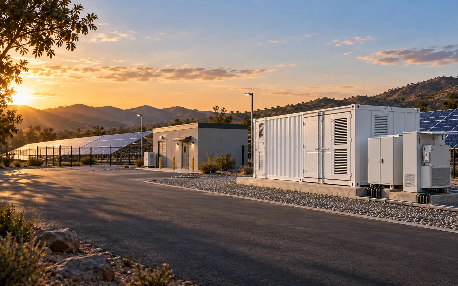 Containerized battery energy storage system beside solar PV at a remote commercial site