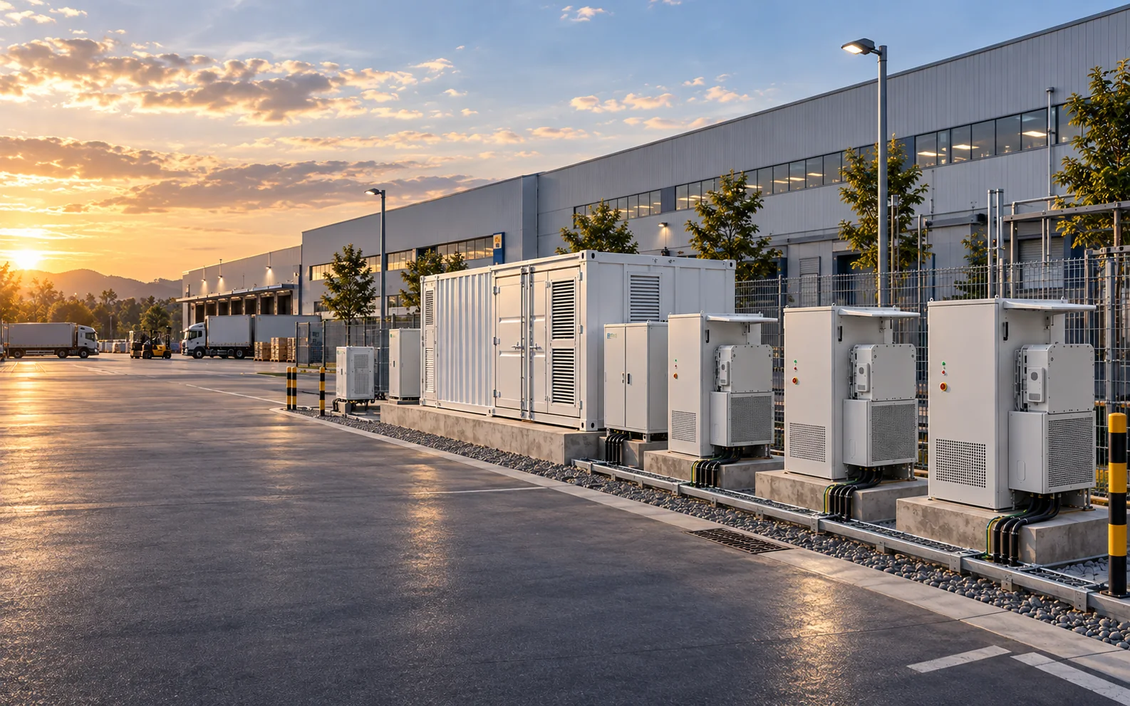 Containerized and cabinet energy storage systems beside an industrial logistics facility