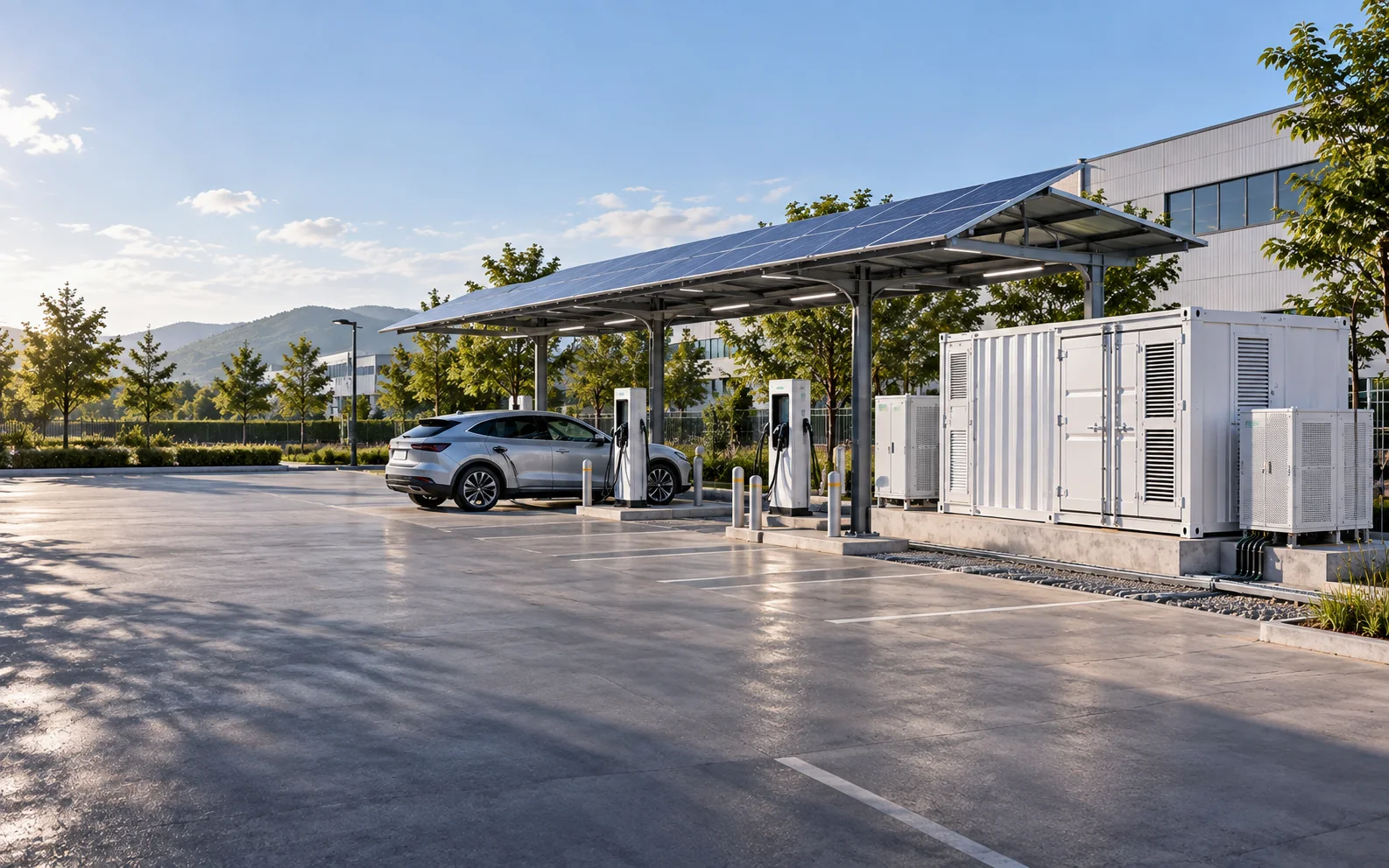 Solar canopy, EV charging bays, and battery energy storage system at a commercial site